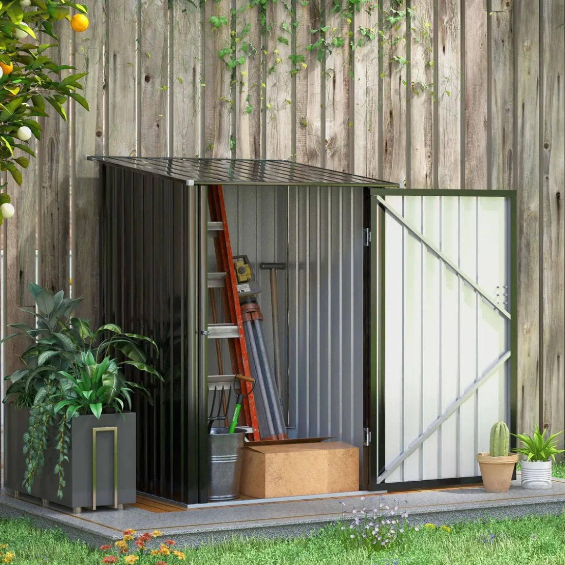 Caseta de jardín Toronto Outsunny puertas + ventilación + techo inclinado negro 160x100x103 cm