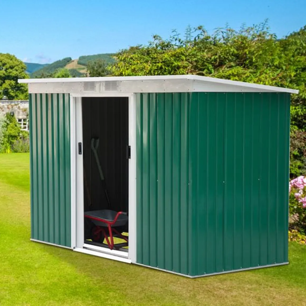 Caseta de jardín/cobertizo metálico verde 277x130x173 cm