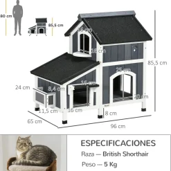 Caseta para gatos Cozy PawHut 1 puerta + 3 ventanas + macetero gris/blanco 85,5x96x65 cm