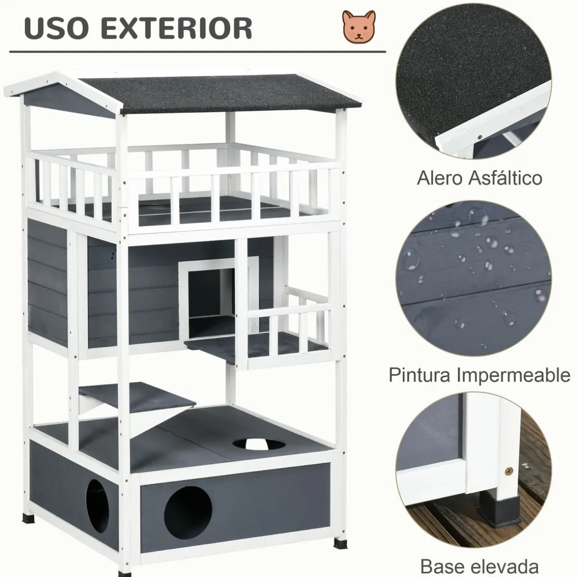 Caseta para gatos Jerry PawHut 3 niveles blanco/gris 140x78x76 cm