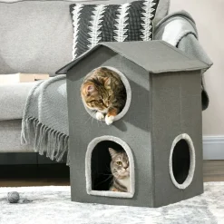 Caseta para gatos Soft PawHut 1 puerta + 2 ventanas + 2 cojines gris 59,5x42x46 cm