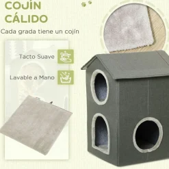 Caseta para gatos Soft PawHut 1 puerta + 2 ventanas + 2 cojines gris 59,5x42x46 cm