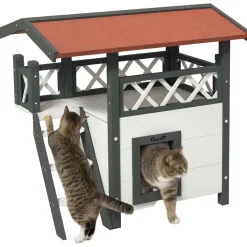 Caseta para gatos Tom PawHut balcón + escalera + puerta blanco/rojo 73x77x50 cm
