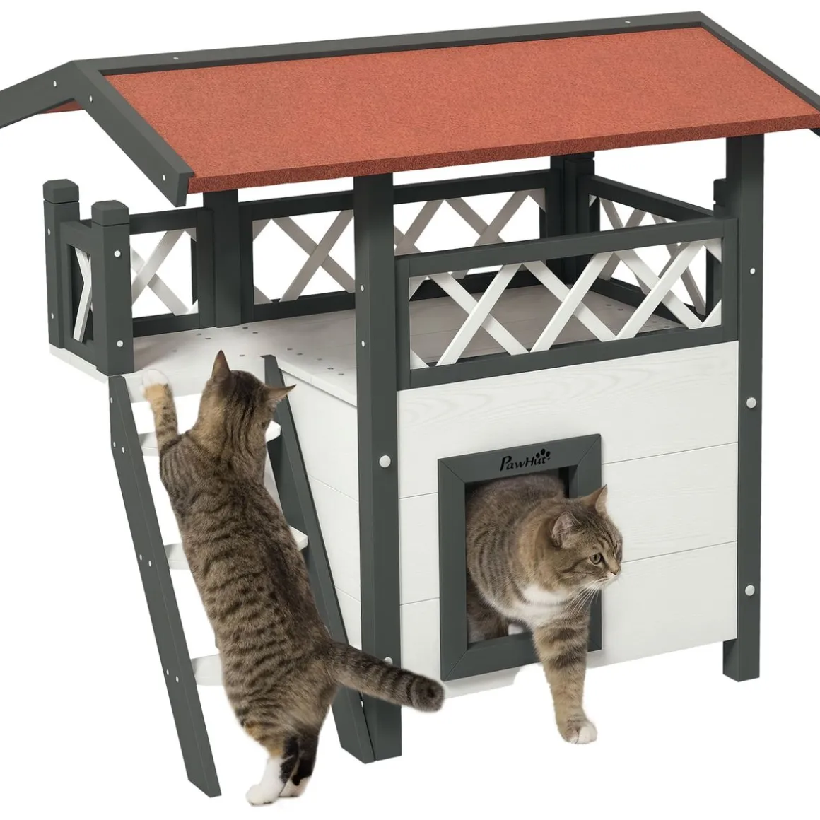 Caseta para gatos Tom PawHut balcón + escalera + puerta blanco/rojo 73x77x50 cm