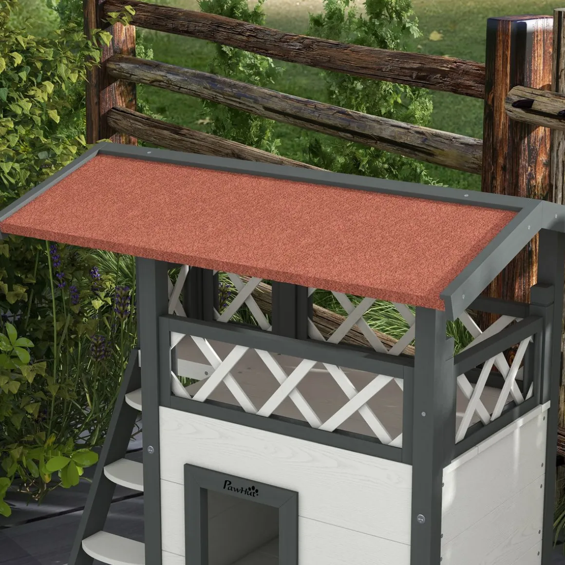Caseta para gatos Tom PawHut balcón + escalera + puerta blanco/rojo 73x77x50 cm