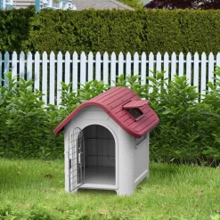 Caseta para perro PawHut con puerta+ventana gris/granate 66x59x75 cm