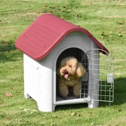 Caseta para perro PawHut con puerta+ventana gris/granate 66x59x75 cm
