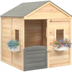 Casita de juegos de madera 3-12 años puerta con cierre y maceteros madera/gris