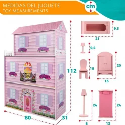 Casita de muñecas de madera Woomax 3 plantas 14 accesorios +3A rosa 112x80x31 cm