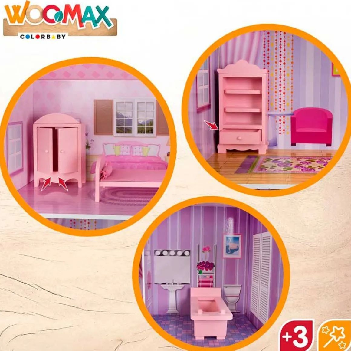 Casita de muñecas de madera Woomax 3 plantas 14 accesorios +3A rosa 112x80x31 cm