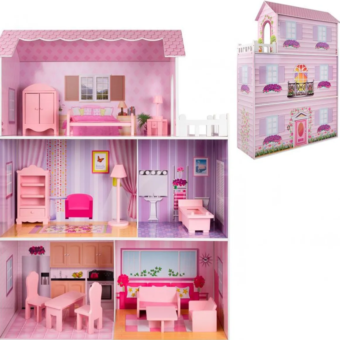 Casita de muñecas de madera Woomax 3 plantas 14 accesorios +3A rosa 112x80x31 cm