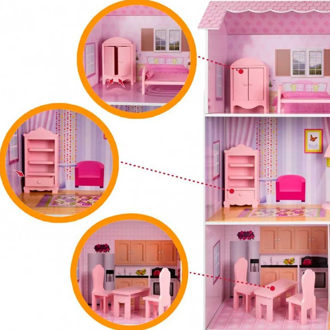Casita de muñecas de madera Woomax 3 plantas 14 accesorios +3A rosa 112x80x31 cm