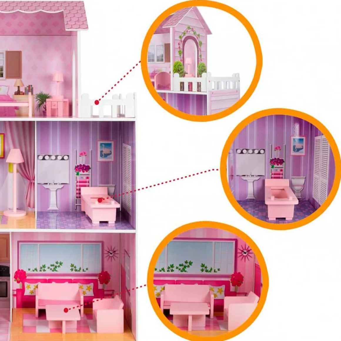 Casita de muñecas de madera Woomax 3 plantas 14 accesorios +3A rosa 112x80x31 cm