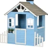 Casita infantil Almería Outsunny ventanas + chimenea + vallas azul 142x51x112 cm
