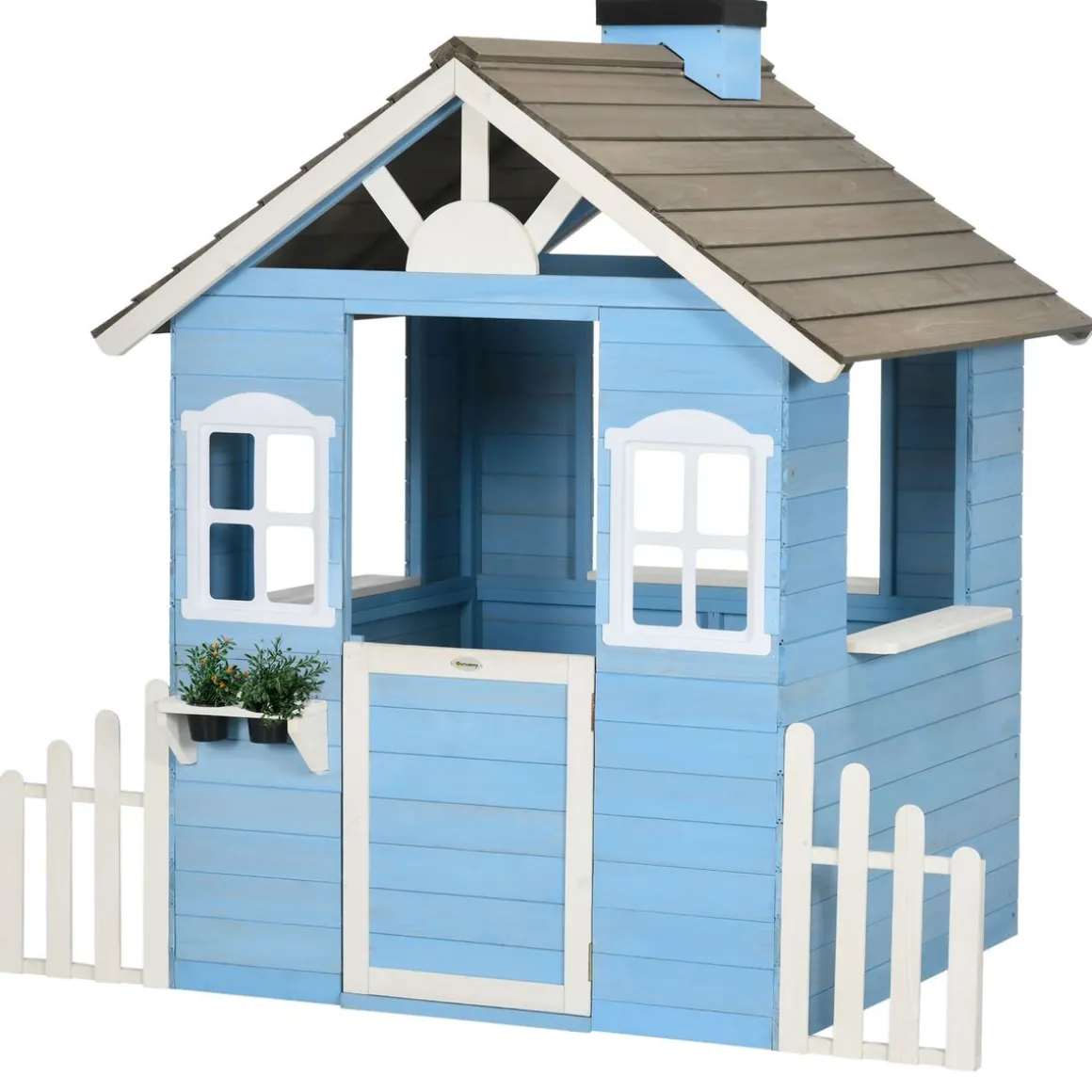 Casita infantil Almería Outsunny ventanas + chimenea + vallas azul 142x51x112 cm