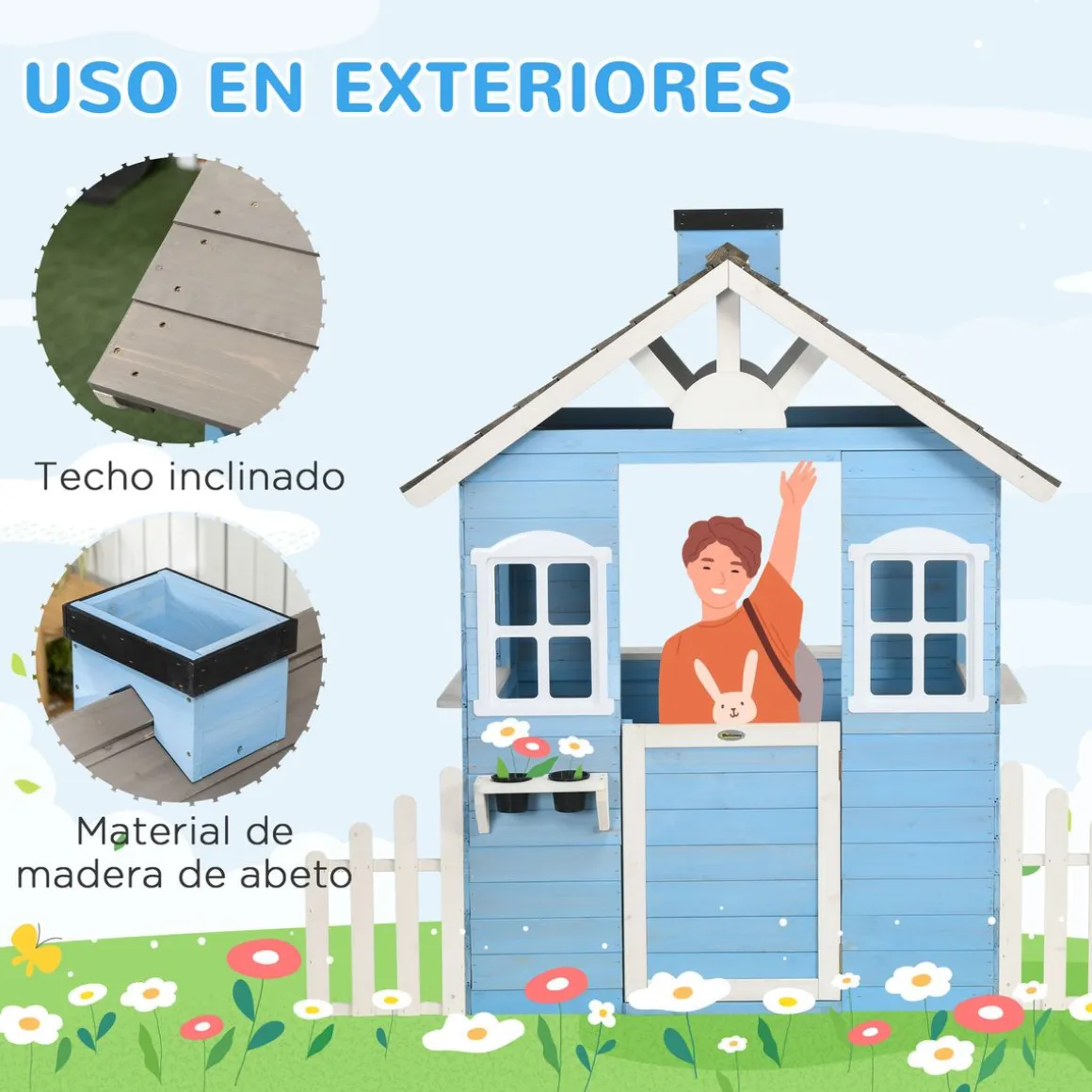 Casita infantil Almería Outsunny ventanas + chimenea + vallas azul 142x51x112 cm