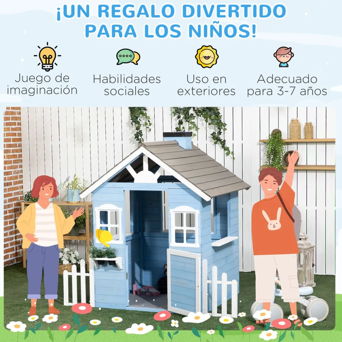 Casita infantil Almería Outsunny ventanas + chimenea + vallas azul 142x51x112 cm
