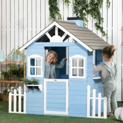 Casita infantil Almería Outsunny ventanas + chimenea + vallas azul 142x51x112 cm
