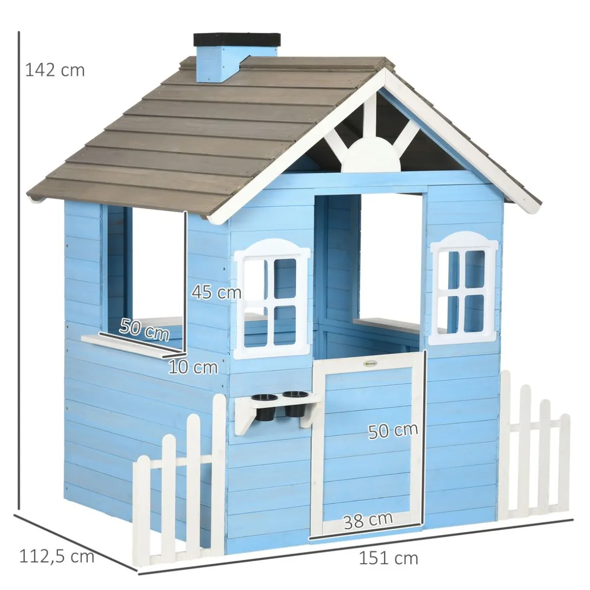 Casita infantil Almería Outsunny ventanas + chimenea + vallas azul 142x51x112 cm