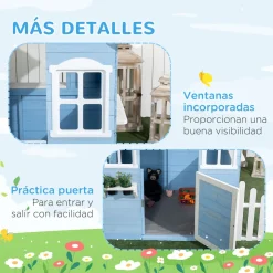 Casita infantil Almería Outsunny ventanas + chimenea + vallas azul 142x51x112 cm