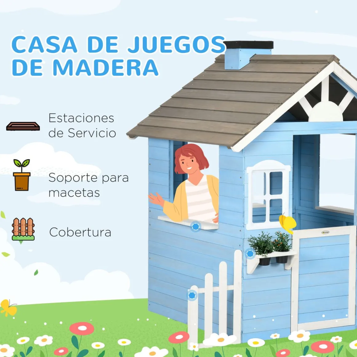 Casita infantil Almería Outsunny ventanas + chimenea + vallas azul 142x51x112 cm