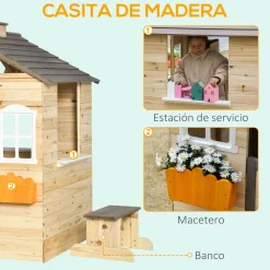 Casita infantil Cádiz Outsunny banco + maceteros natural 134,5x113x94 cm