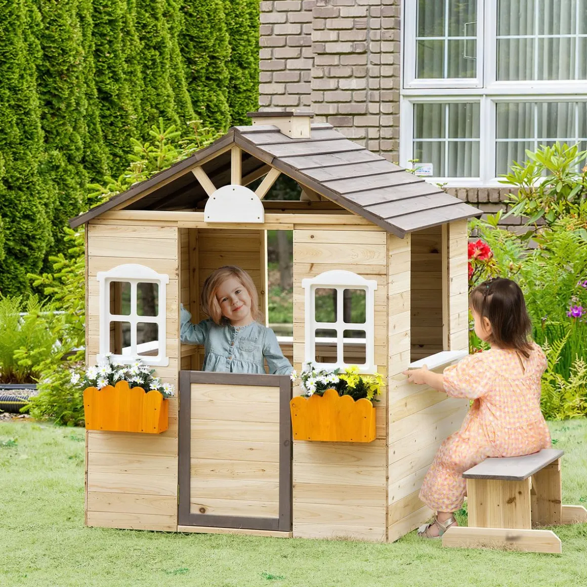Casita infantil Cádiz Outsunny banco + maceteros natural 134,5x113x94 cm
