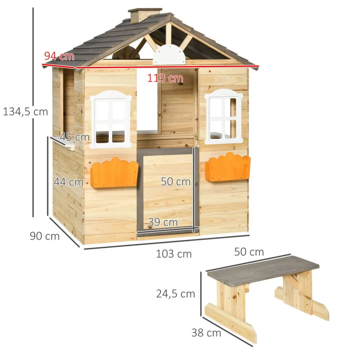 Casita infantil Cádiz Outsunny banco + maceteros natural 134,5x113x94 cm