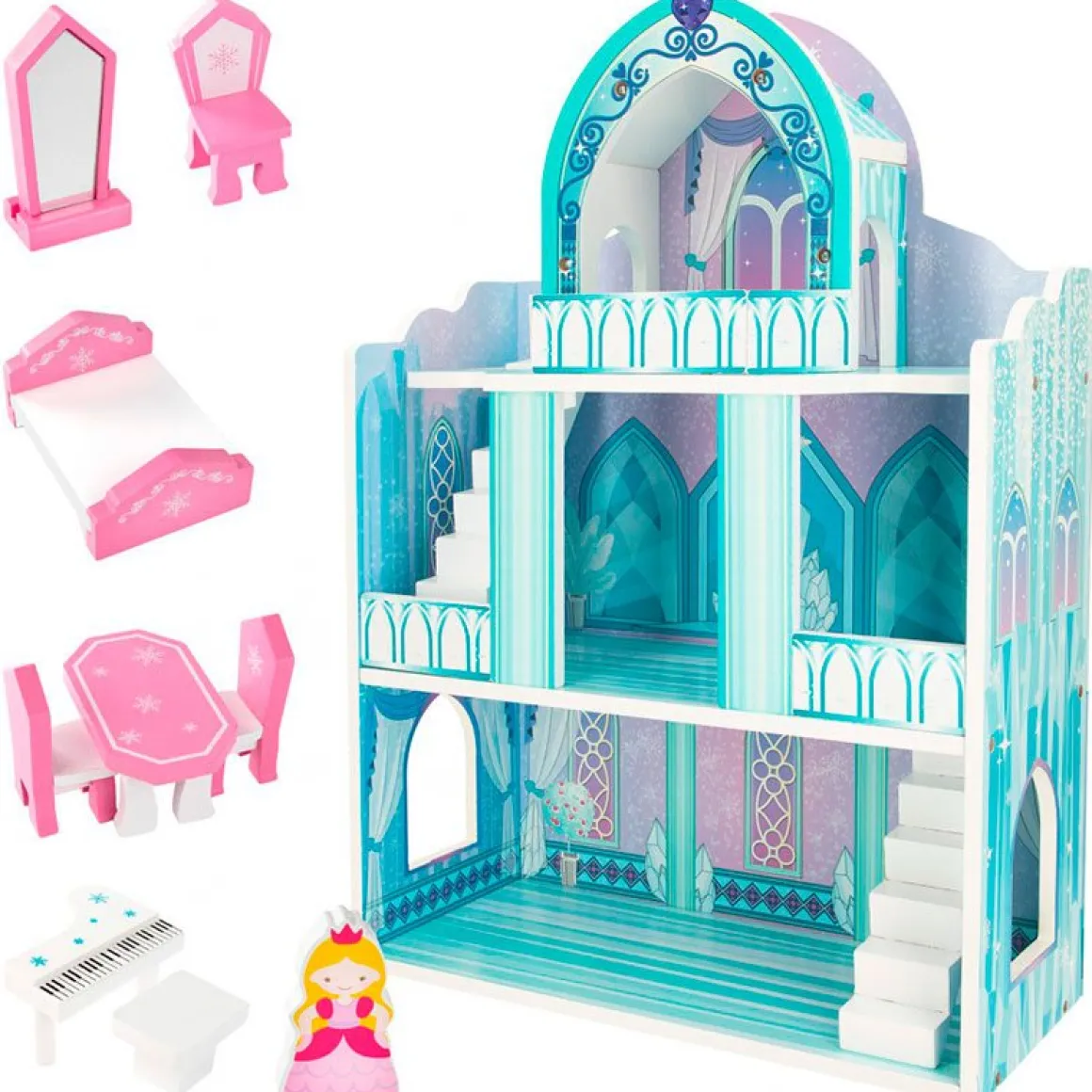 Castillo de muñecas de madera Woomax 10 piezas +3A azul 53,5x37x15 cm