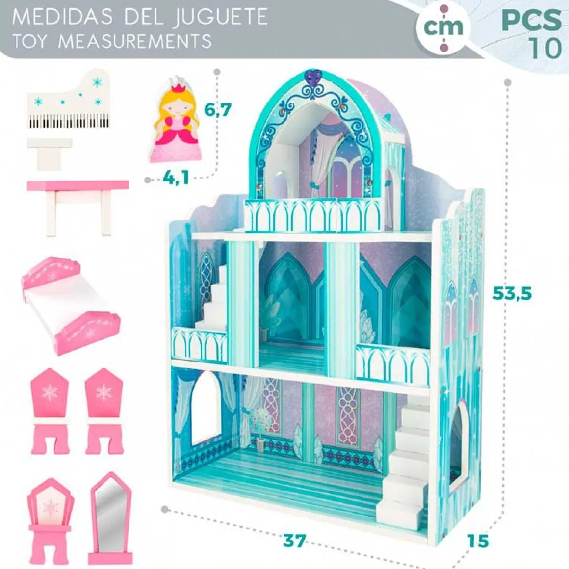 Castillo de muñecas de madera Woomax 10 piezas +3A azul 53,5x37x15 cm