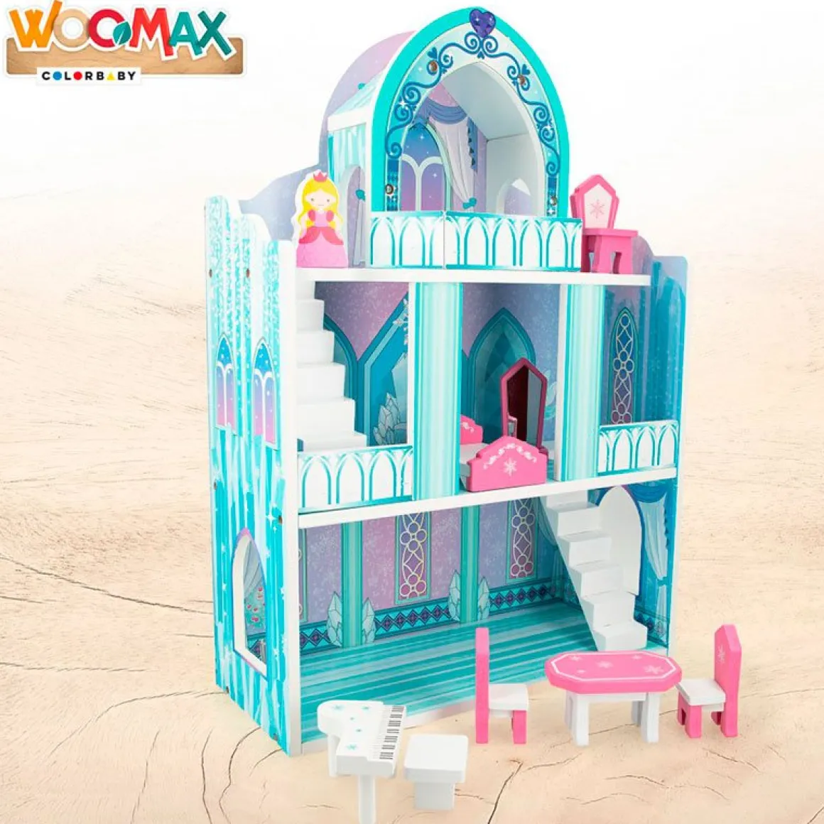 Castillo de muñecas de madera Woomax 10 piezas +3A azul 53,5x37x15 cm