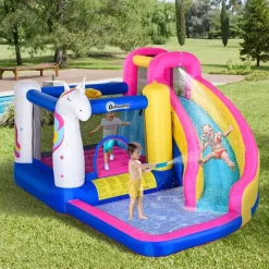 Castillo hinchable acuático Outsunny +3 años con tobogán unicornio 210x380x320 cm