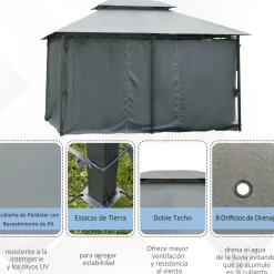 Cenador de jardín Outsunny techo doble 6 cortinas 3x4m