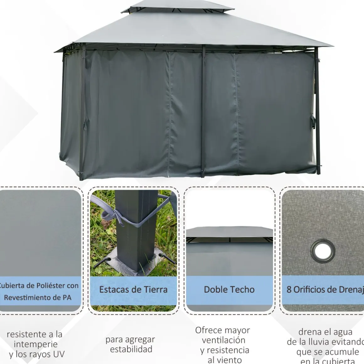 Cenador de jardín Outsunny techo doble 6 cortinas 3x4m