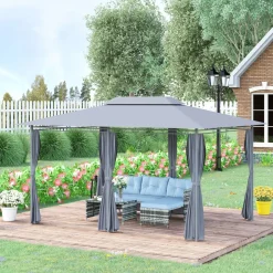 Cenador de jardín Outsunny techo doble 6 cortinas 3x4m