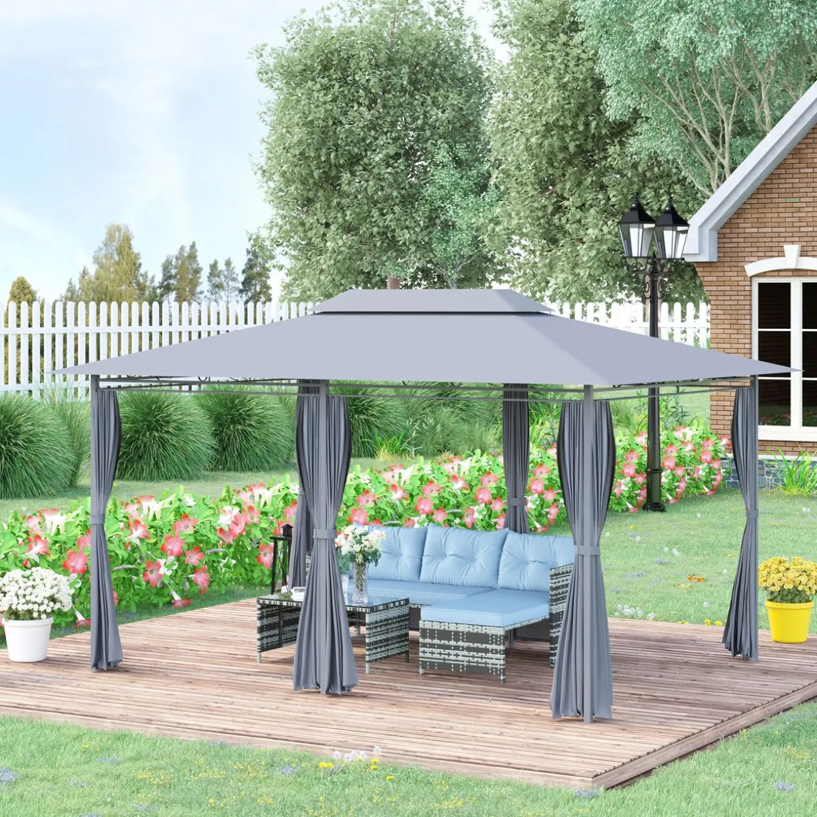Cenador de jardín Outsunny techo doble 6 cortinas 3x4m