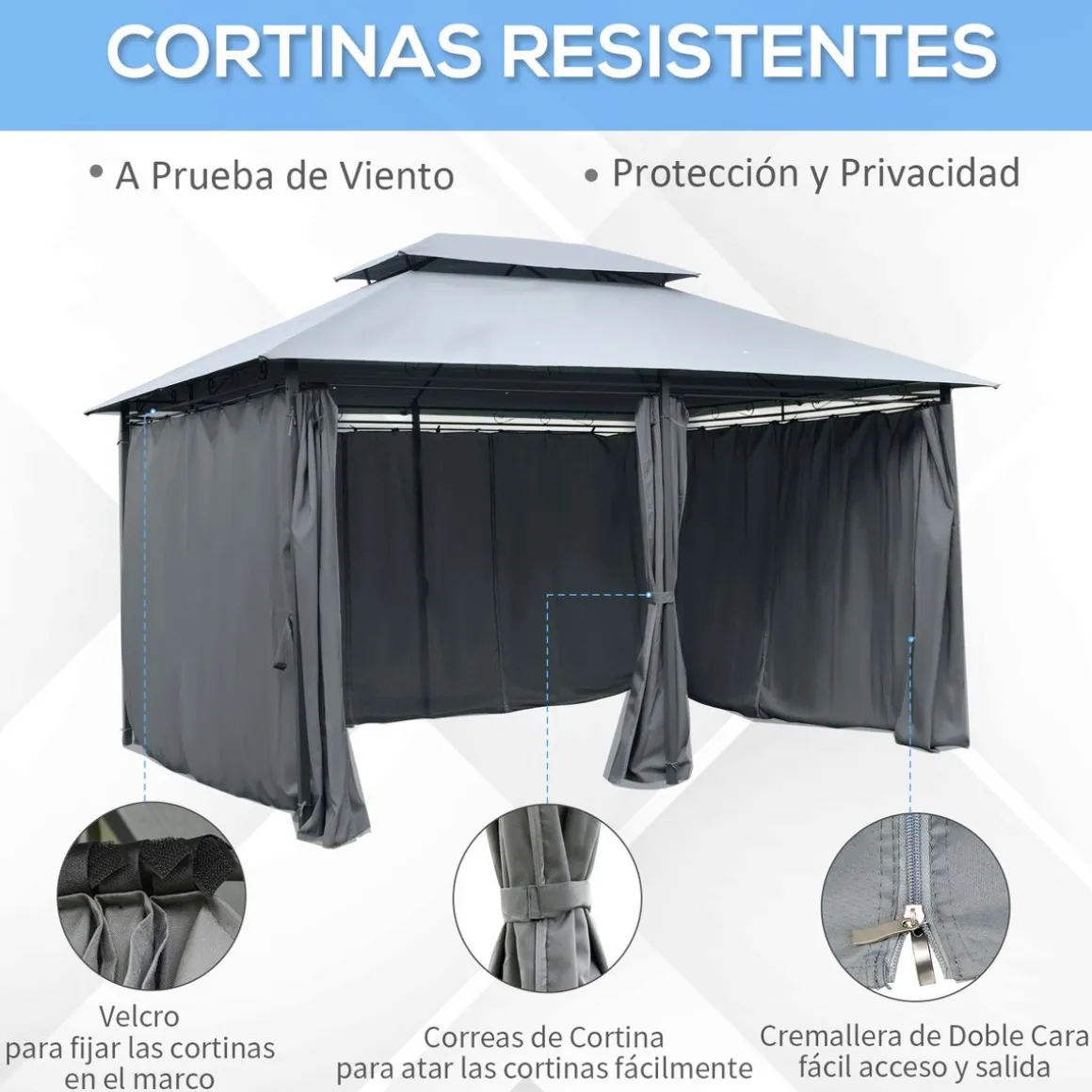 Cenador de jardín Outsunny techo doble 6 cortinas 3x4m