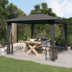 Cenador exterior con paredes y techo doble gris antracita 3x3m