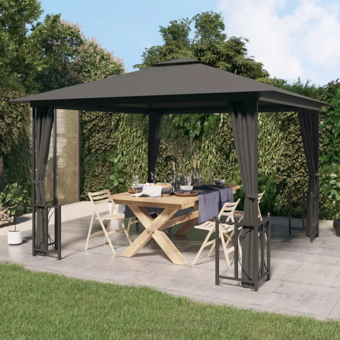 Cenador exterior con paredes y techo doble gris antracita 3x3m