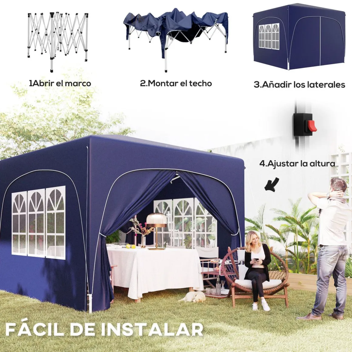 Cenador Garden Outsunny plegable + regulable + 2 ventanas + 2 puertas 300x300 cm