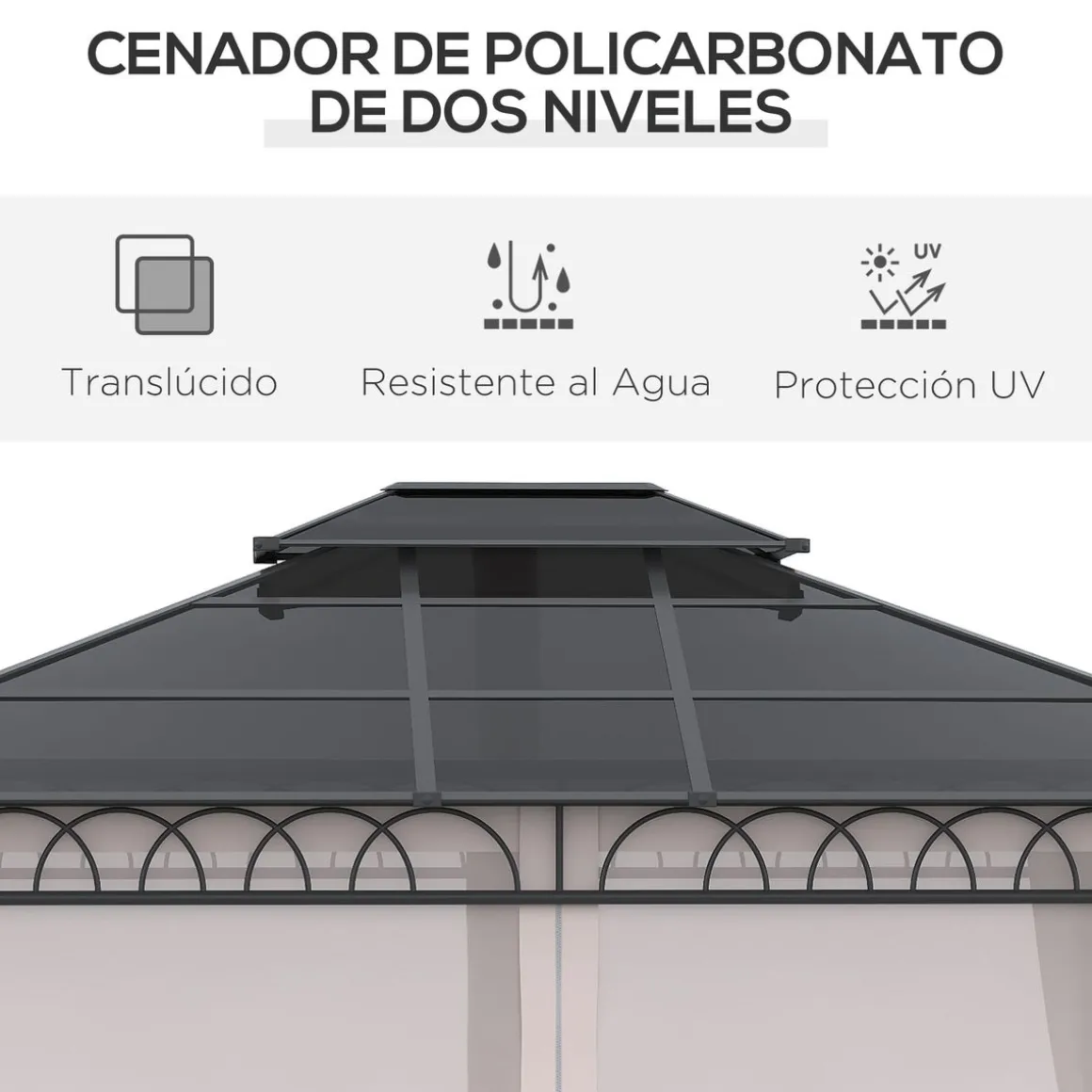 Cenador Mark Outsunny doble techo + cortinas + mosquiteras negro/crema 278x360x300 cm