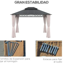 Cenador Mark Outsunny doble techo + cortinas + mosquiteras negro/crema 278x360x300 cm