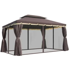 Cenador Outsunny con cortinas+mosquiteras café 2,8x3,9x2,9 m