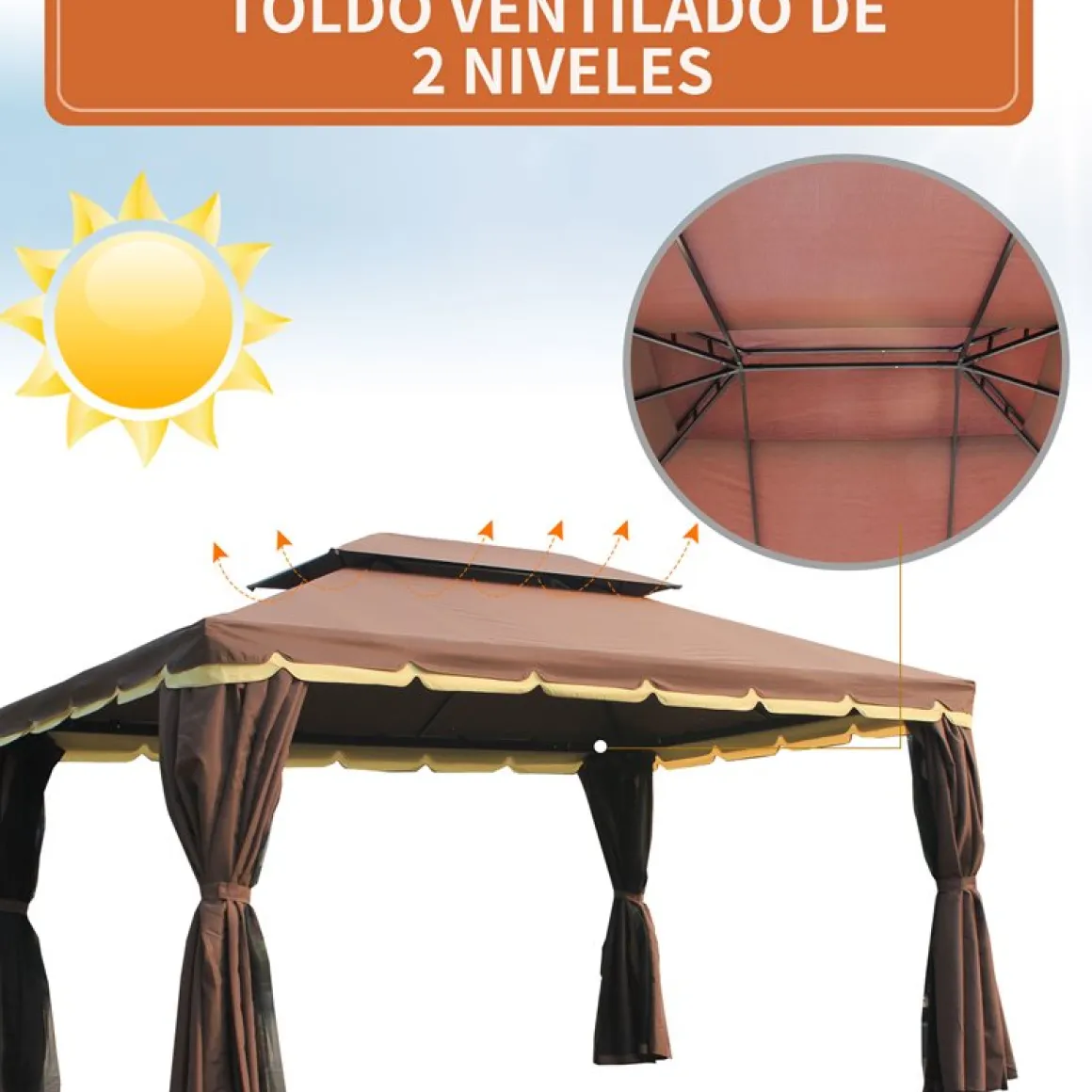 Cenador Outsunny con cortinas+mosquiteras café 2,8x3,9x2,9 m