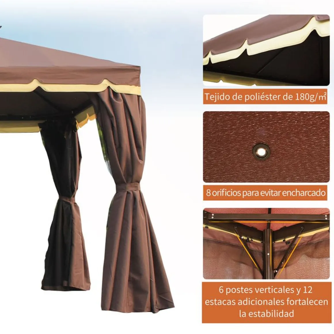 Cenador Outsunny con cortinas+mosquiteras café 2,8x3,9x2,9 m