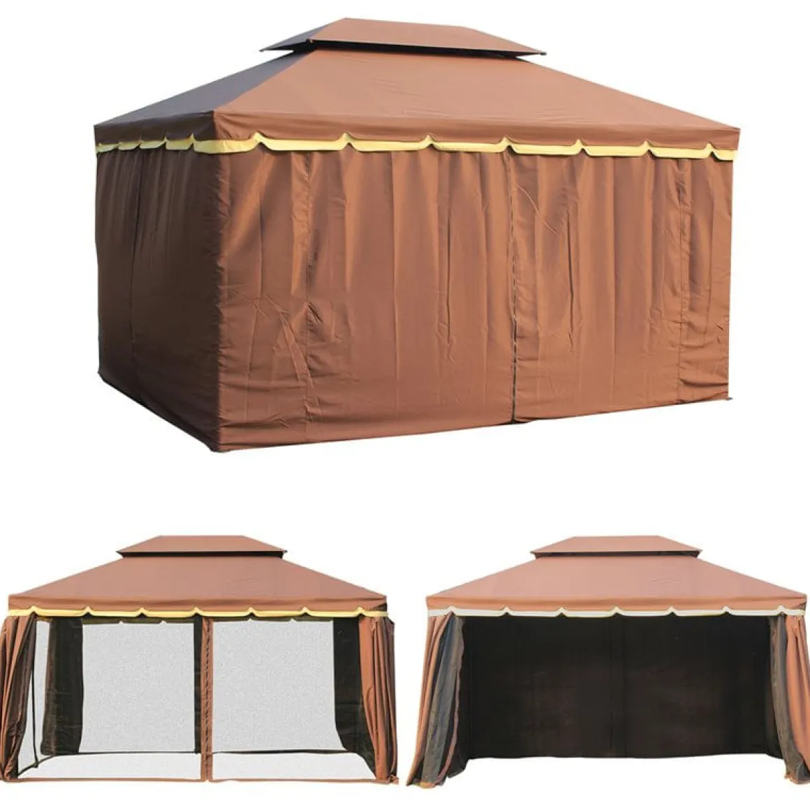 Cenador Outsunny con cortinas+mosquiteras café 2,8x3,9x2,9 m