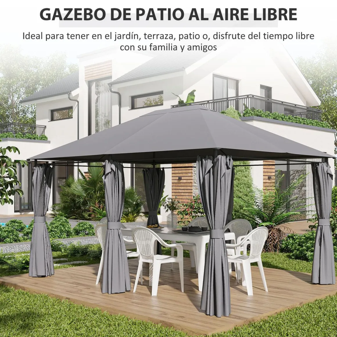 Cenador Tenerife Outsunny cortinas extraíbles + orificios de drenaje 272x400x300 cm