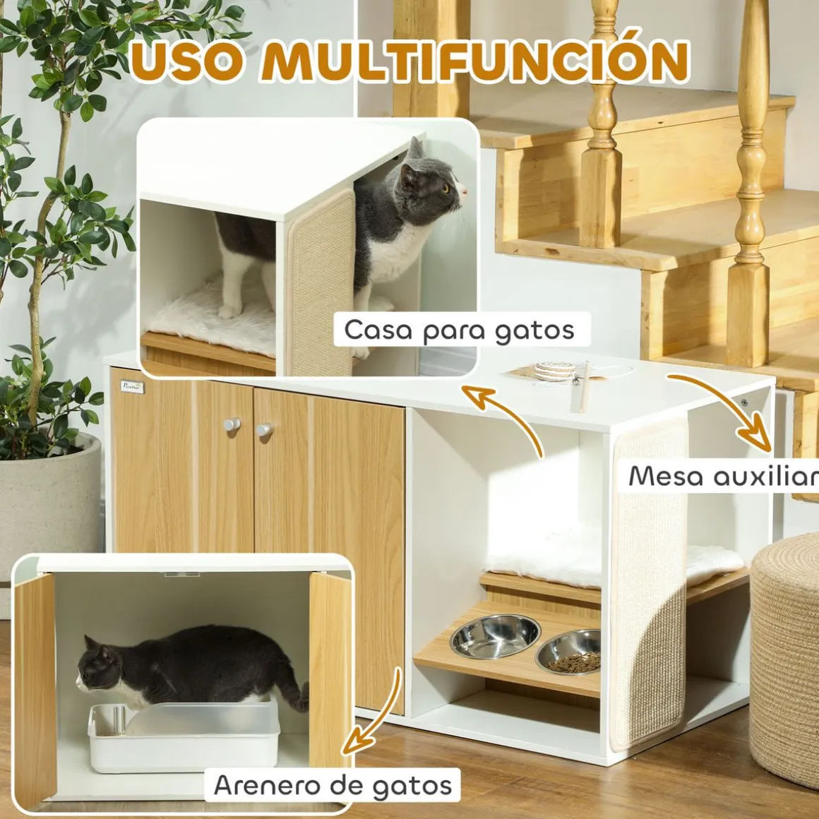 Centro de actividades para gatos Pawhut arenero + comedero + rascador + cama blanco/natural 50,5x95x48 cm