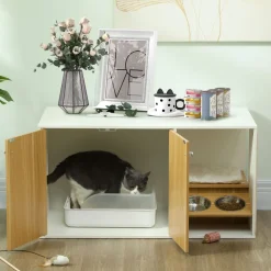 Centro de actividades para gatos Pawhut arenero + comedero + rascador + cama blanco/natural 50,5x95x48 cm