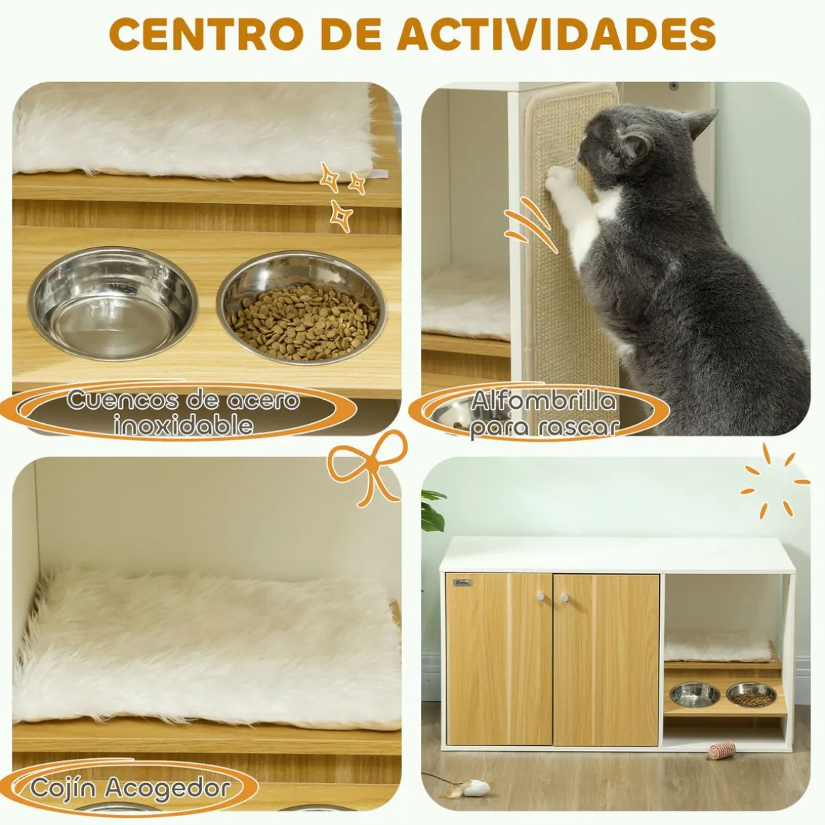 Centro de actividades para gatos Pawhut arenero + comedero + rascador + cama blanco/natural 50,5x95x48 cm